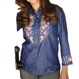 Parsley & Sage Women Embroidered Top Blouse Shirt Size `1X Blue Button Up Collar